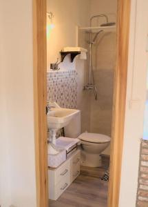 La salle de bains est pourvue de toilettes, d'un lavabo et d'une douche. dans l'établissement Mirador de Mijares, à Los Pertegaces