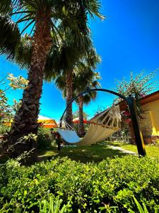 a hammock in a yard with two palm trees at Three Palms Suites in Akyaka