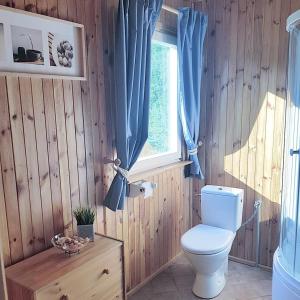 a bathroom with a toilet and a window with blue curtains at Sarni Zakątek in Rybno