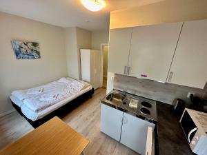 a small room with a bed and a kitchen at Åndalsnes Sentrum 1-room Apartment in Åndalsnes
