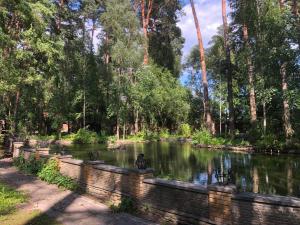 a pond in a park with a fence and trees at Ethno Complex Ukrayinske Selo in Buzovaya