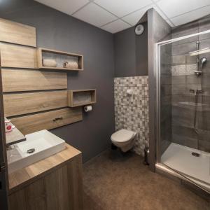 a bathroom with a toilet sink and a shower at HOSTELLERIE CHARLES de FOUCAULD in Viviers