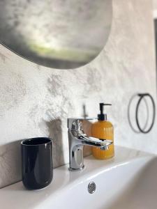 um lavatório com uma torneira e uma garrafa de sabão em Wait`N Sea House em Tuzla