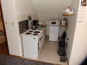 Il comprend une petite cuisine équipée d'une cuisinière et d'un réfrigérateur. dans l'établissement Gästehaus Hahnenkrug, à Lottorf