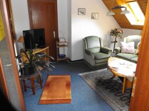 a living room with two chairs and a tv at Gästehaus Hahnenkrug in Lottorf