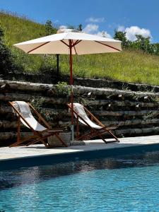 duas cadeiras e um guarda-sol junto a uma piscina em Cascina Gazzeri Country House em Tagliolo Monferrato