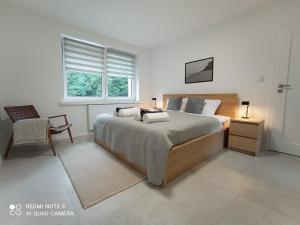a bedroom with a bed and a chair and a window at Velobaltica apartmenty in Wisełka