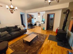 a living room with a couch and a wood stove at Hill Chalet in Beliş