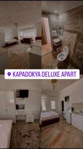 two pictures of a living room and a bathroom at KAPADOKYA DELUXE APART in Urgup