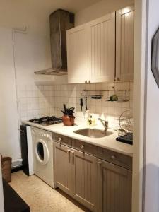 uma cozinha com um lavatório e uma máquina de lavar roupa em L'OUSTAL DE FLO em Florensac