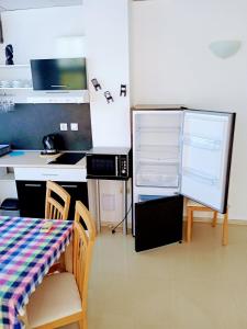 a kitchen with a refrigerator and a table and chairs at VIP apart SVETLANA in Ravda