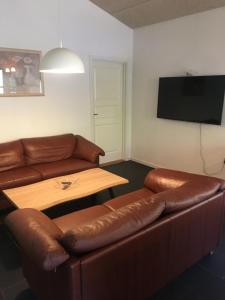 a living room with a brown leather couch and a table at Lerbæk Fiskepark in Frederikshavn