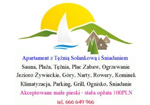 een label voor een festival met een zeilboot en bergen bij Apartament z Tężnią Solankową, Sauną, Kominkiem LED i Śniadaniem nad Jeziorem Żywieckim in Zarzecze