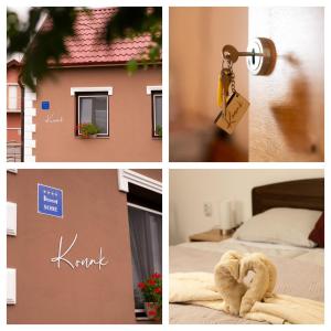 un collage di foto di una camera d'albergo con un asciugamano di KONAK a Pleternica