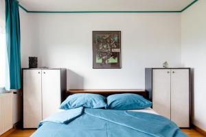 a bedroom with a bed with blue sheets and blue pillows at Green Point in Preserje