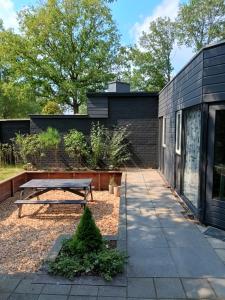 um quintal com um banco e uma mesa de piquenique em Uitrusthuisje em Erm