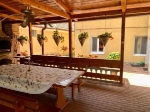 een patio met een tafel en potplanten erop bij Casa Ramona in Turda