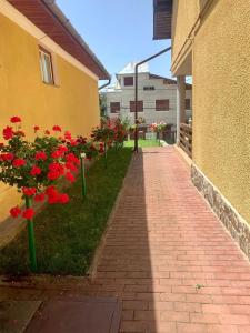 een bakstenen loopbrug met rode bloemen naast een gebouw bij Casa Ramona in Turda