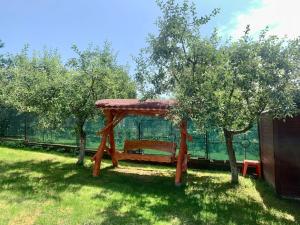 a wooden bench in a yard with trees at Casa Ramona in Turda