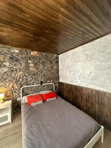 1 dormitorio con 1 cama en una pared de piedra en Casa Álamo Agaete en Agaete