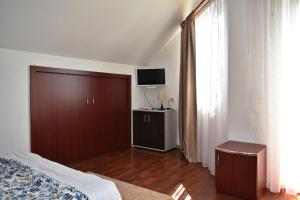 a bedroom with a large red door and a television at Cabana Denis&Lucas in Ocna Şugatag