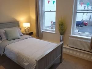a bedroom with a bed and two windows at Barchester House Apartments in Salisbury