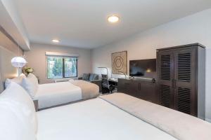 フリスコにあるCambria Hotel Copper Mountainのベッド2台とデスクが備わるホテルルームです。