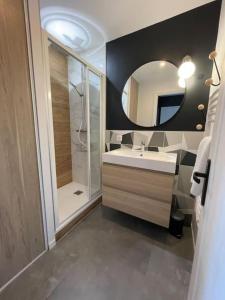 une salle de bain avec un lavabo, une douche et un miroir dans l'établissement Jupiter - SILS ( 2 appartements ), à Caen