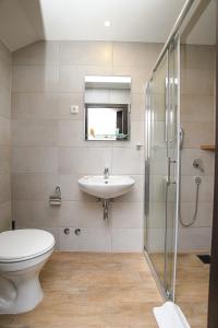 a bathroom with a toilet and a sink and a shower at Atrijum Apartments and Rooms in Kladovo