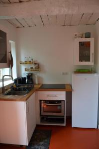 uma pequena cozinha com um frigorífico e um fogão em Gîte Almanda - Calme & Nature - Mas Lou Castanea em Collobrières
