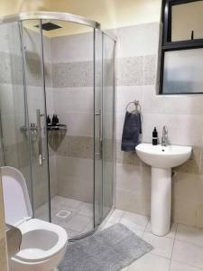 a bathroom with a shower and a toilet and a sink at Serene apartment in the suburbs in Nairobi