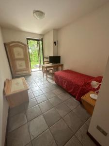 a bedroom with a bed and a desk with a television at Agriturismo Fioravante in San Pietro in Cariano