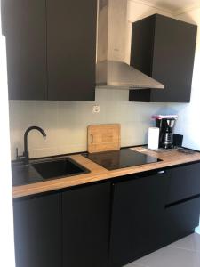 a kitchen with black cabinets and a sink at Bed and Breakfast BLUE in BLUE in Komiža