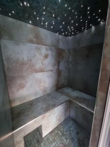 a shower with a bench and lights on the ceiling at Demeure Les Aiglons, Chambres d'hôtes & Spa in Fontainebleau