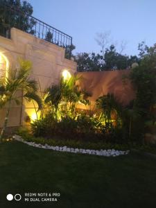 Sheikh Zayed的住宿－Royal Mansion with private pool in sheikh zayed Compound families，夜晚带花园的房屋