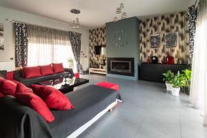 a living room with a black couch and red pillows at BLACK & WHITE CITY VILLA in Alexandroupoli