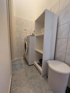 a bathroom with a washing machine and a toilet at Apartmani Vuković in Kaprije