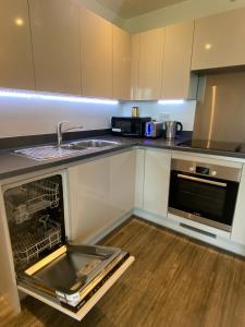 an empty kitchen with a dishwasher and a sink at Stunning & Luxury Flat in Sutton
