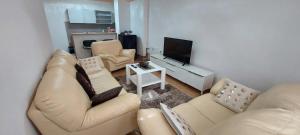 ein Wohnzimmer mit 2 Sofas und einem Flachbild-TV in der Unterkunft Apartman Citadel in Gradačac