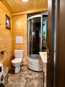a wooden bathroom with a toilet and a shower at Cabana Sia in Sibiu