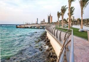 a view of a beach with palm trees and a pier at Rose Al Haditha Hotel in Jeddah