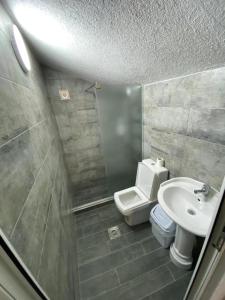 a bathroom with a toilet and a sink at Hostel Heimli in Pristina