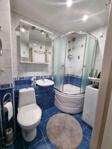 La salle de bains est pourvue de toilettes, d'une douche et d'un lavabo. dans l'établissement Naftininkų g. 8, à Mažeikiai