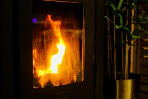 a fireplace with a fire in it at Merkelhoeve Wellness in Merkelbeek