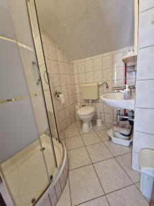 a bathroom with a shower and a toilet and a sink at Old town - AP3 in Tribunj
