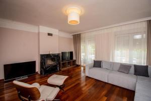 ein Wohnzimmer mit einem Sofa und einem Kamin in der Unterkunft Vila Oliva in Herceg-Novi