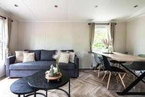 a living room with a blue couch and a table at Prachtig chalet in de bossen in Nunspeet