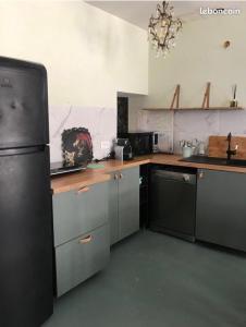eine Küche mit einem schwarzen Kühlschrank und einer Theke in der Unterkunft Le Chill de Zoé et la petite bohème in Marseille