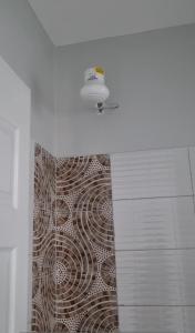 a bathroom with a shower with a brown and white tile at Studio 47 Ensuite Apartment in Donholm Phase 5G Estate, Nairobi in Nairobi