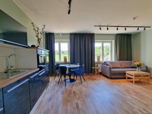 a kitchen and living room with a couch and a table at Sankt Anna Resort in Sankt Anna